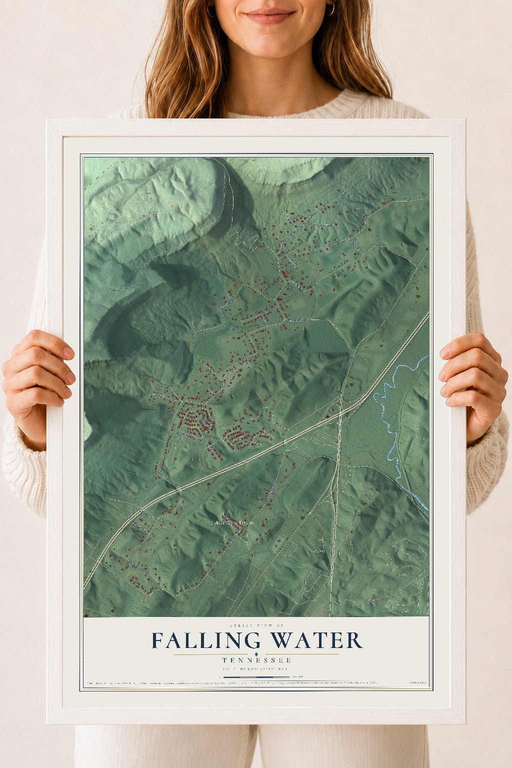 Map of Falling Water, Tennessee, 18 x 24 inch print in a white wood frame