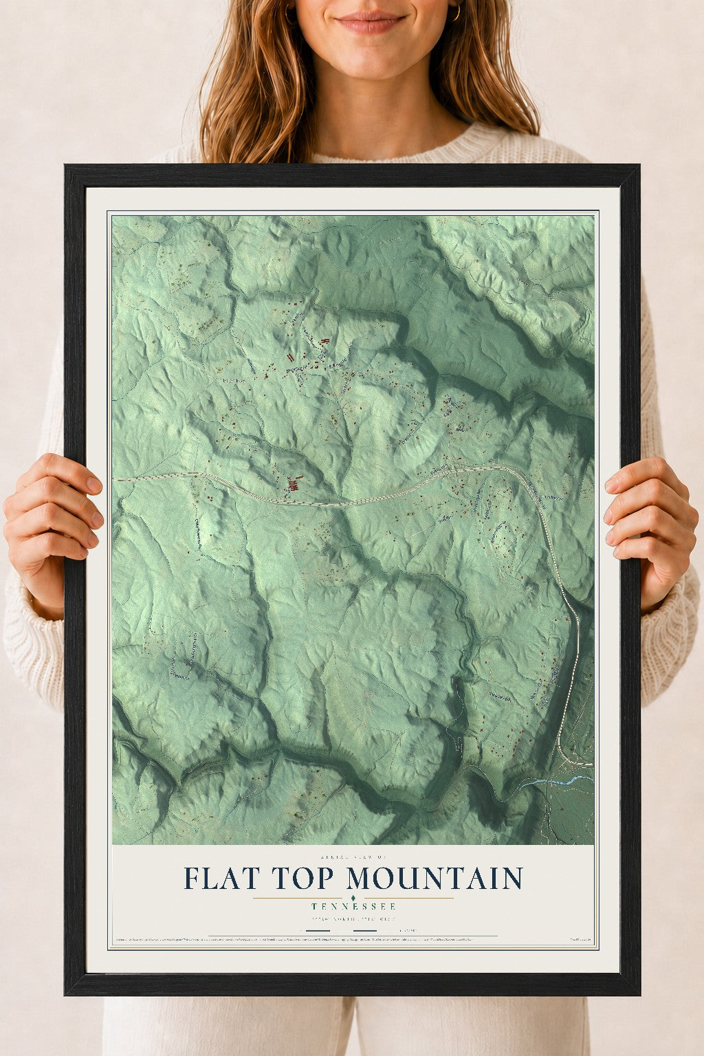 Map of Flat Top Mountain, Tennessee, 18 x 24 inch print in a black wood frame