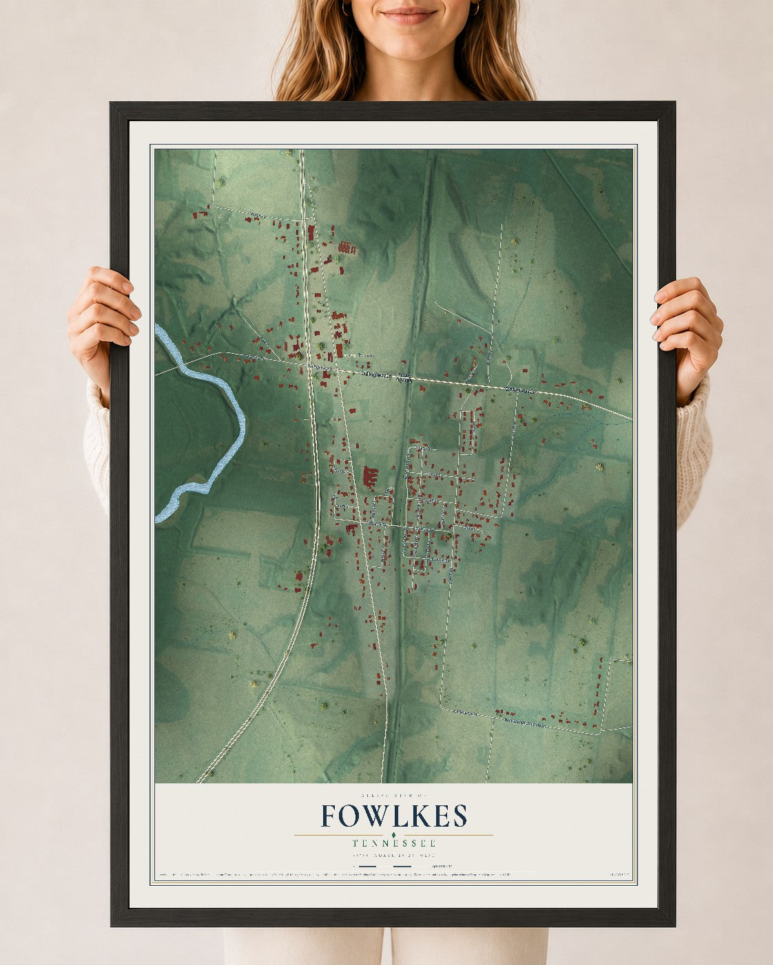 Map of Fowlkes, Tennessee, 24 x 36 inch print in a black wood frame