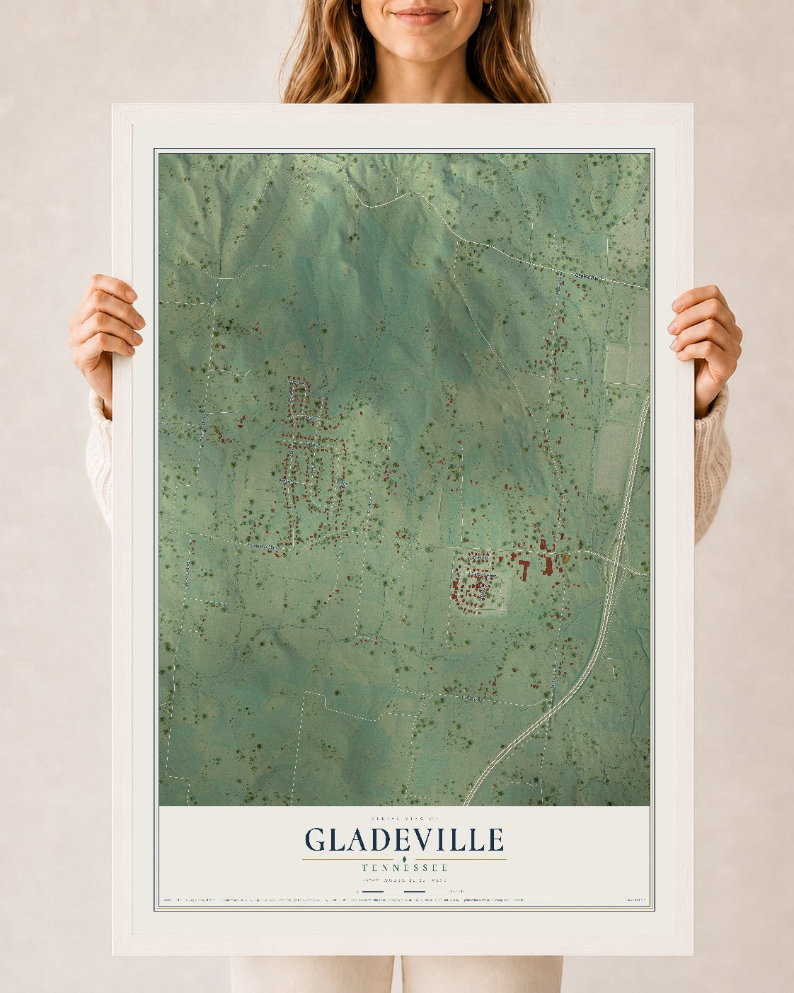 Map of Gladeville, Tennessee, 24 x 36 inch print in a white wood frame