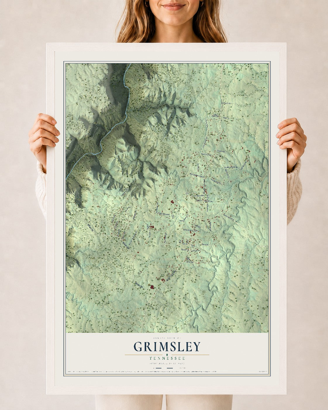 Map of Grimsley, Tennessee, 24 x 36 inch print in a white wood frame