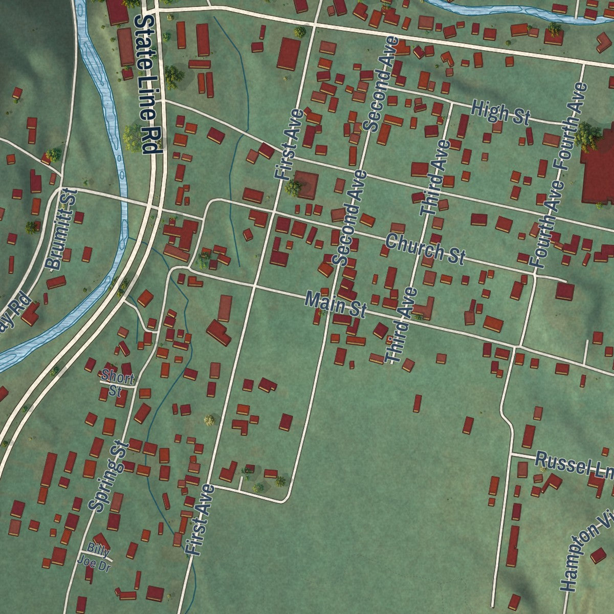 Close-up of the map of Hampton, Tennessee print showing street and building detail