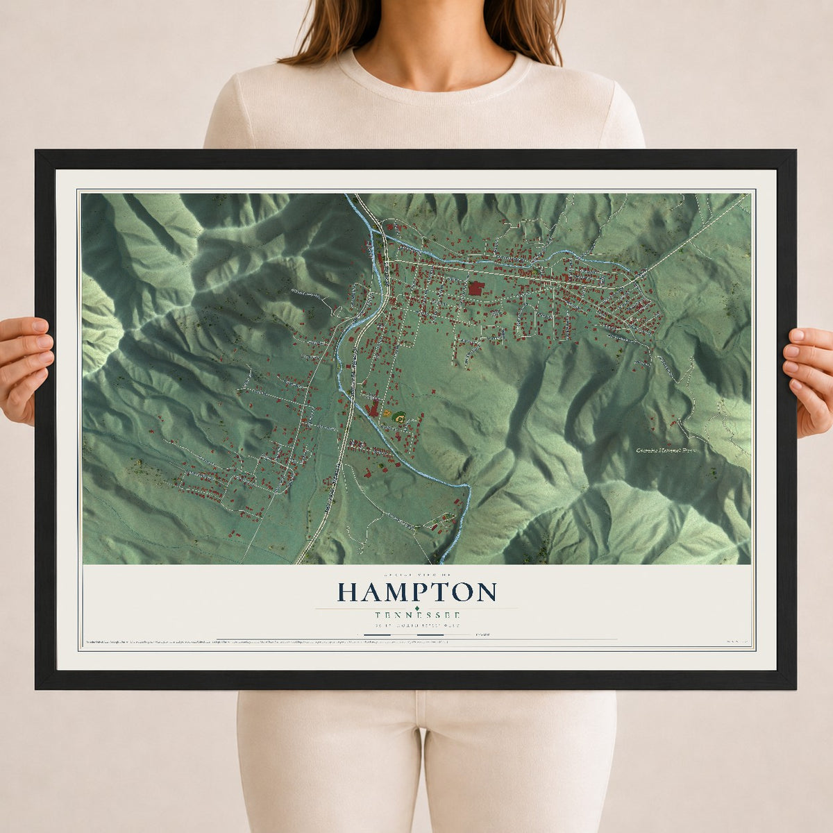 Map of Hampton, Tennessee, 18 x 24 inch print in a black wood frame
