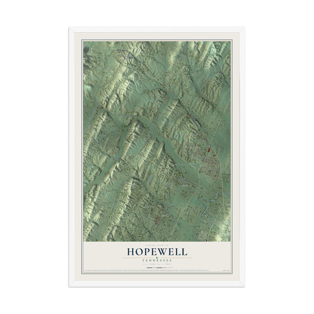 Map of Hopewell, Tennessee, 12 x 18 inch print in a white wood frame