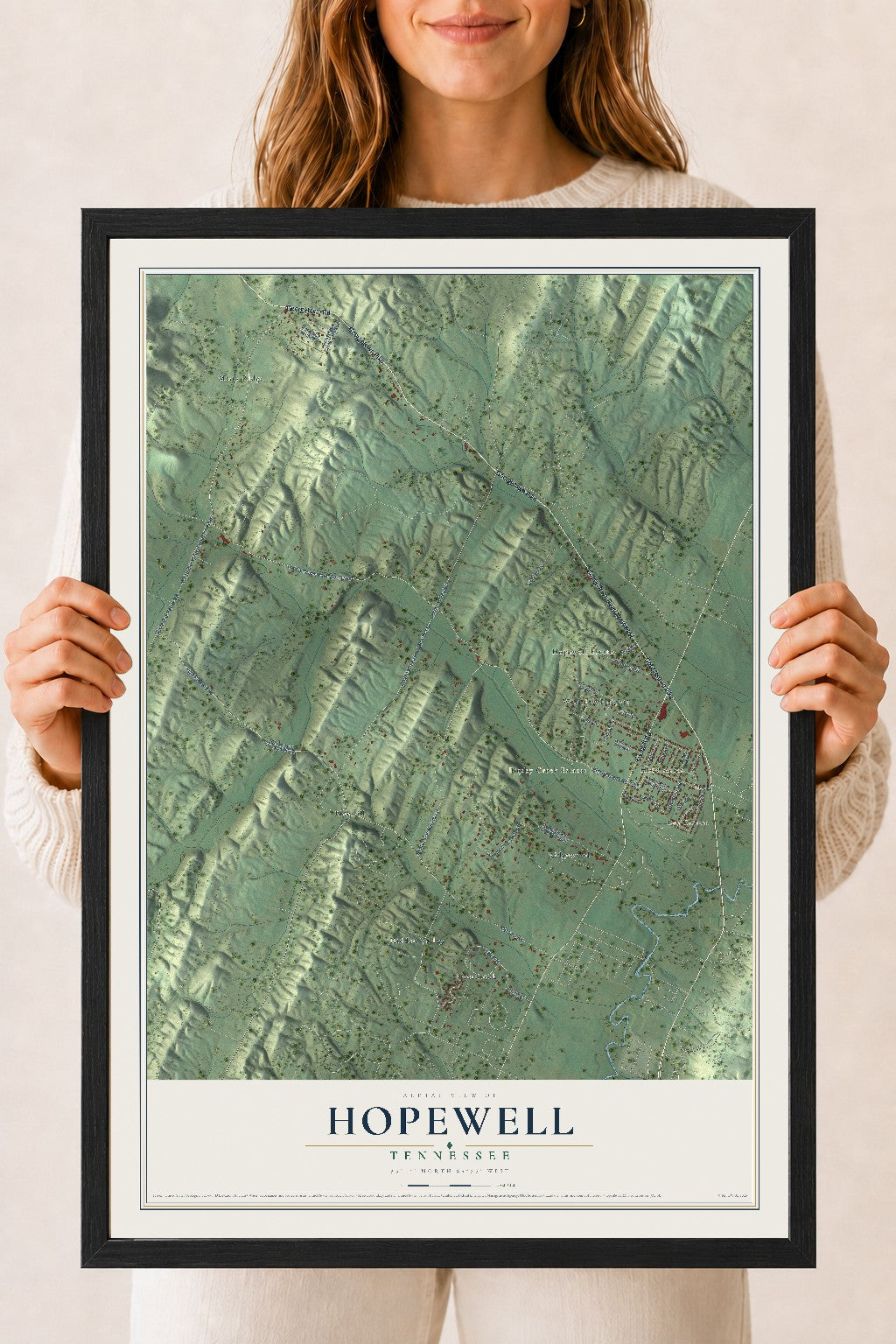 Map of Hopewell, Tennessee, 18 x 24 inch print in a black wood frame