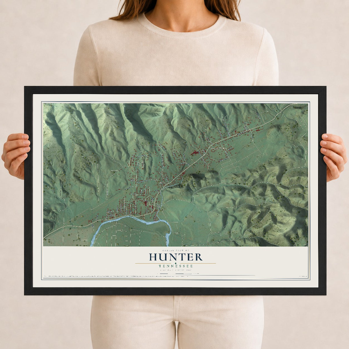 Map of Hunter, Tennessee, 12 x 18 inch print in a black wood frame