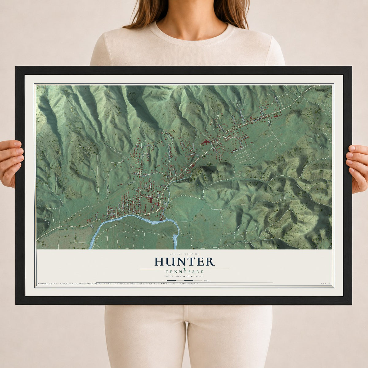 Map of Hunter, Tennessee, 18 x 24 inch print in a black wood frame