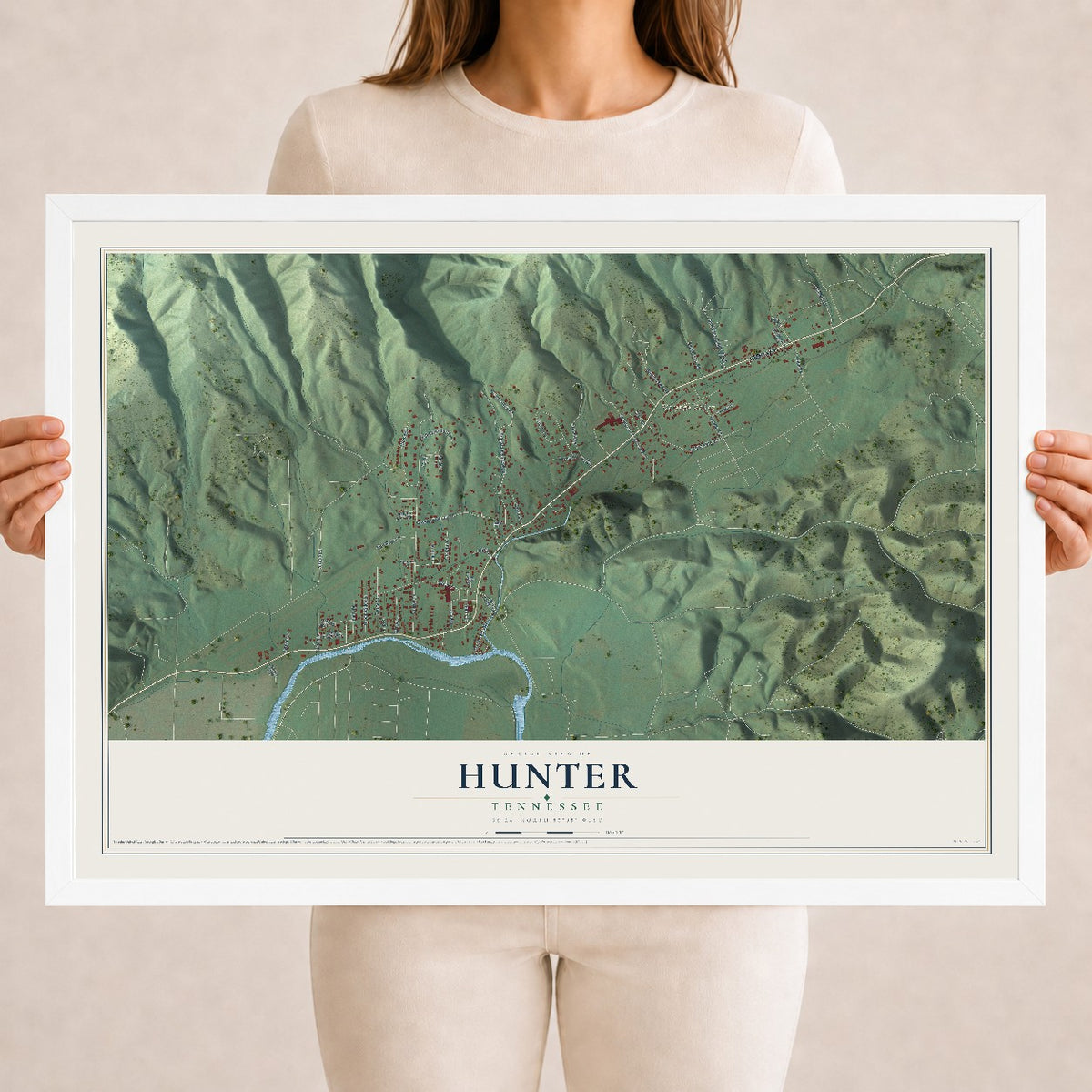 Map of Hunter, Tennessee, 18 x 24 inch print in a white wood frame