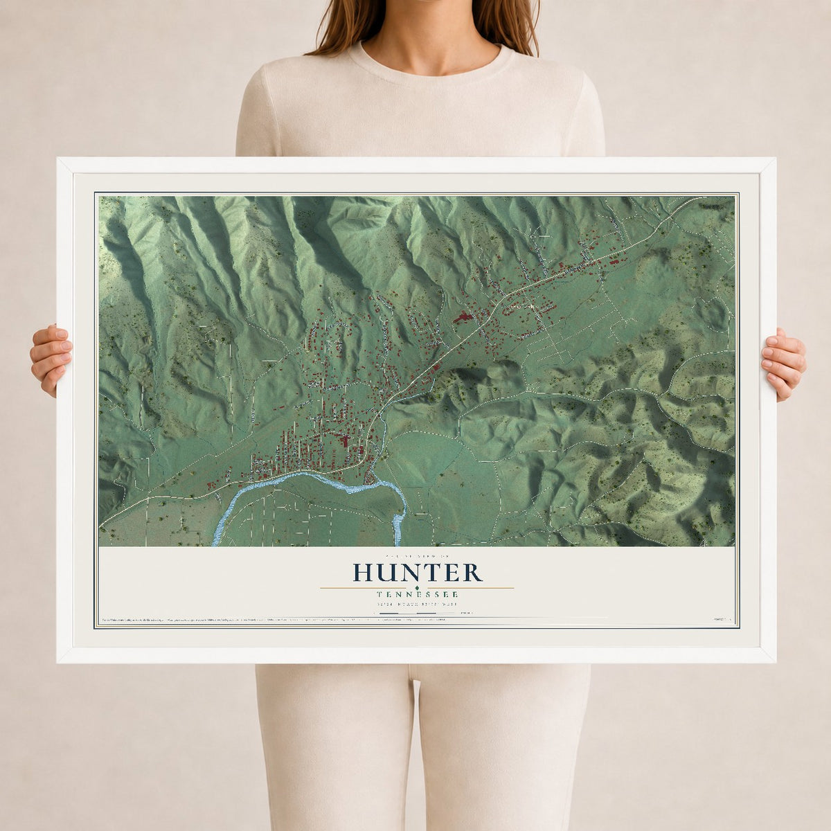 Map of Hunter, Tennessee, 24 x 36 inch print in a white wood frame