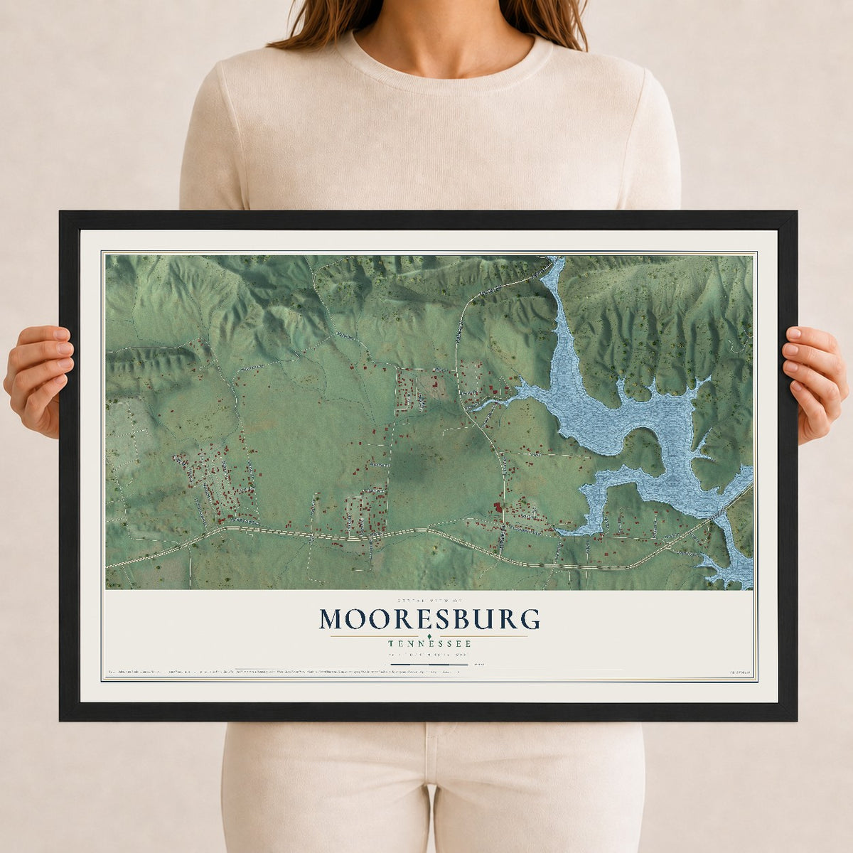 Map of Mooresburg, Tennessee, 12 x 18 inch print in a black wood frame