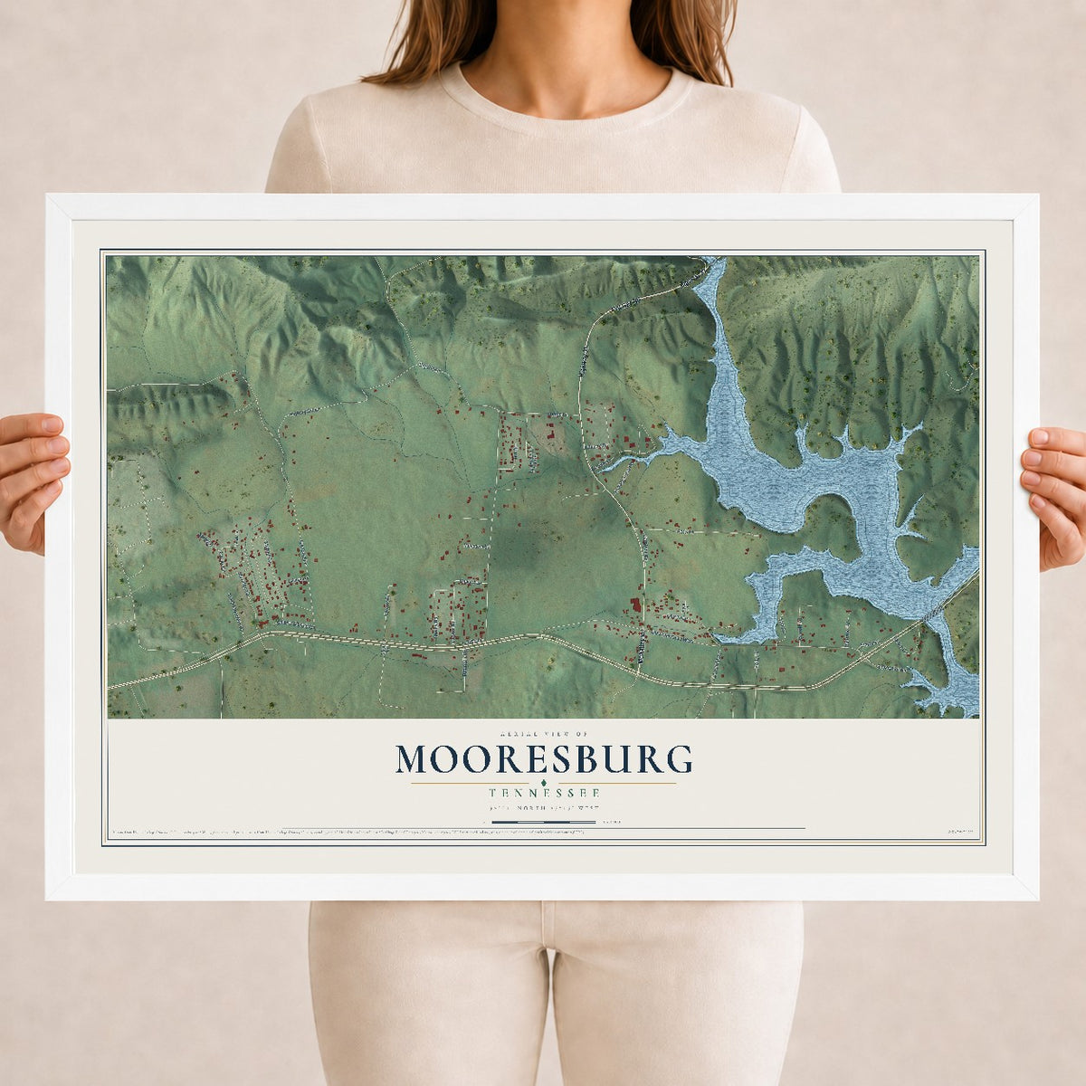 Map of Mooresburg, Tennessee, 18 x 24 inch print in a white wood frame