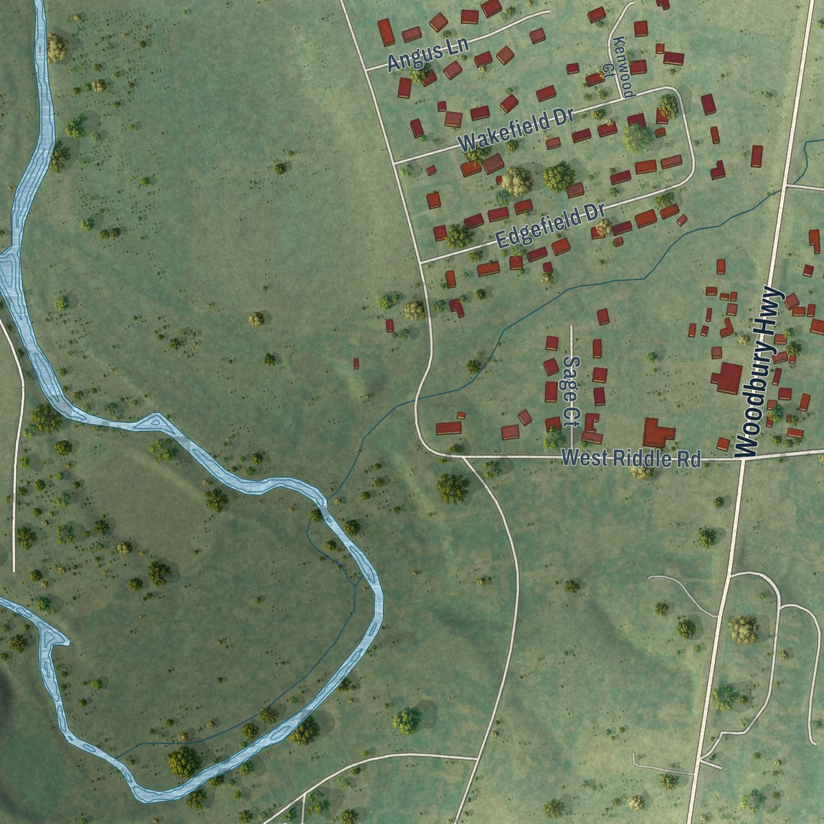 Second close-up of the map of New Union, Tennessee print showing more streets and buildings