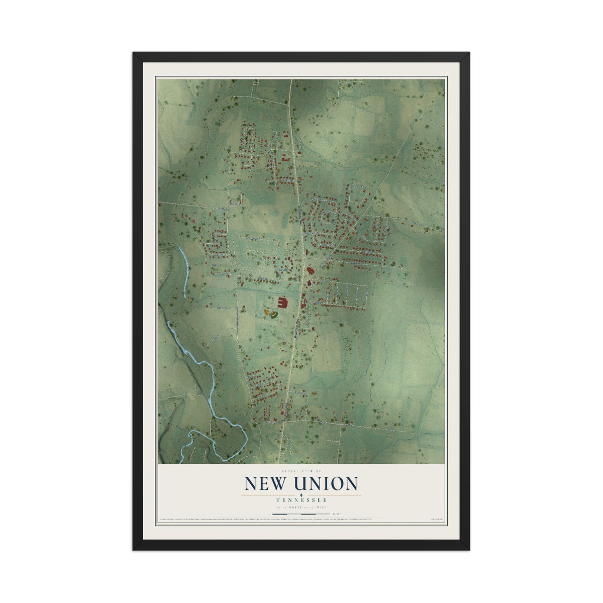 Map of New Union, Tennessee, 12 x 18 inch print in a black wood frame