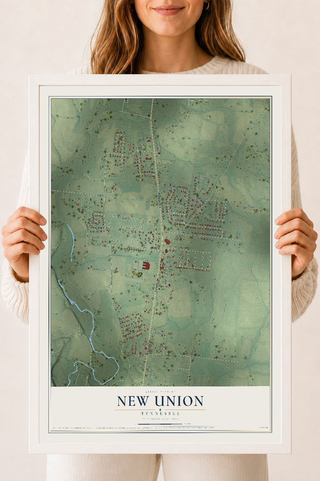 Map of New Union, Tennessee, 18 x 24 inch print in a white wood frame