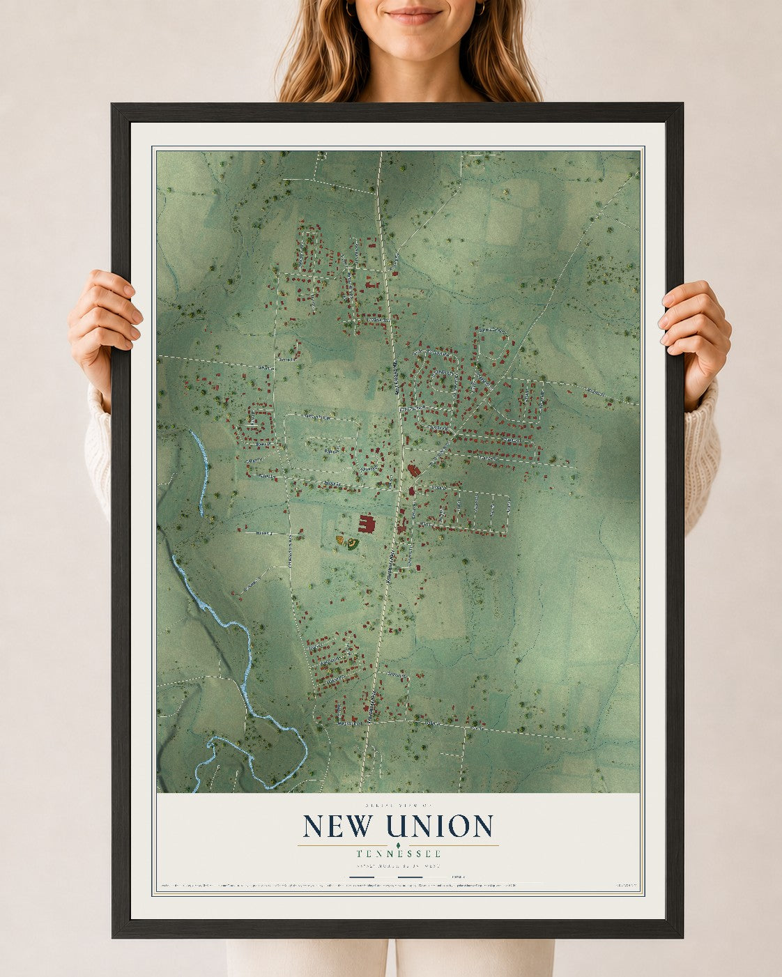 Map of New Union, Tennessee, 24 x 36 inch print in a black wood frame