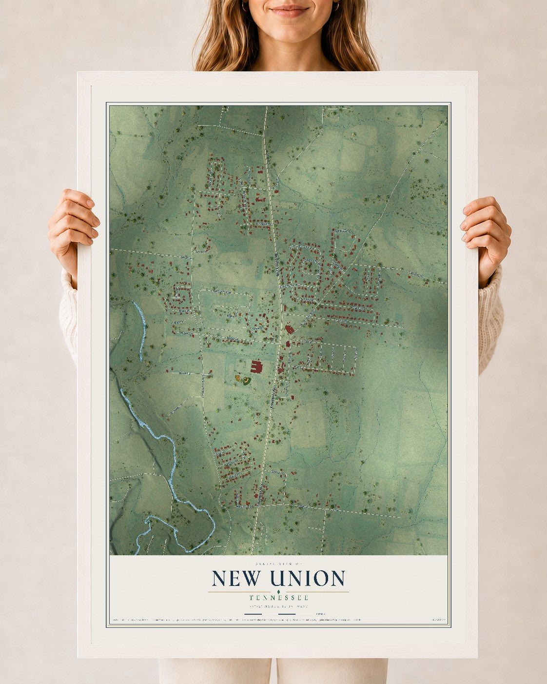 Map of New Union, Tennessee, 24 x 36 inch print in a white wood frame