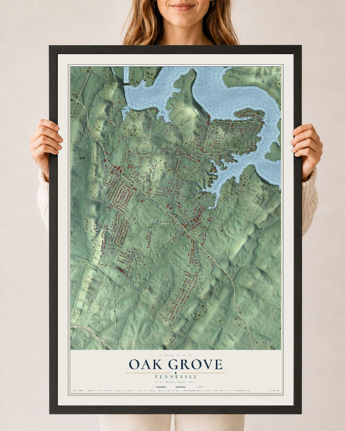 Map of Oak Grove, Tennessee, 24 x 36 inch print in a black wood frame