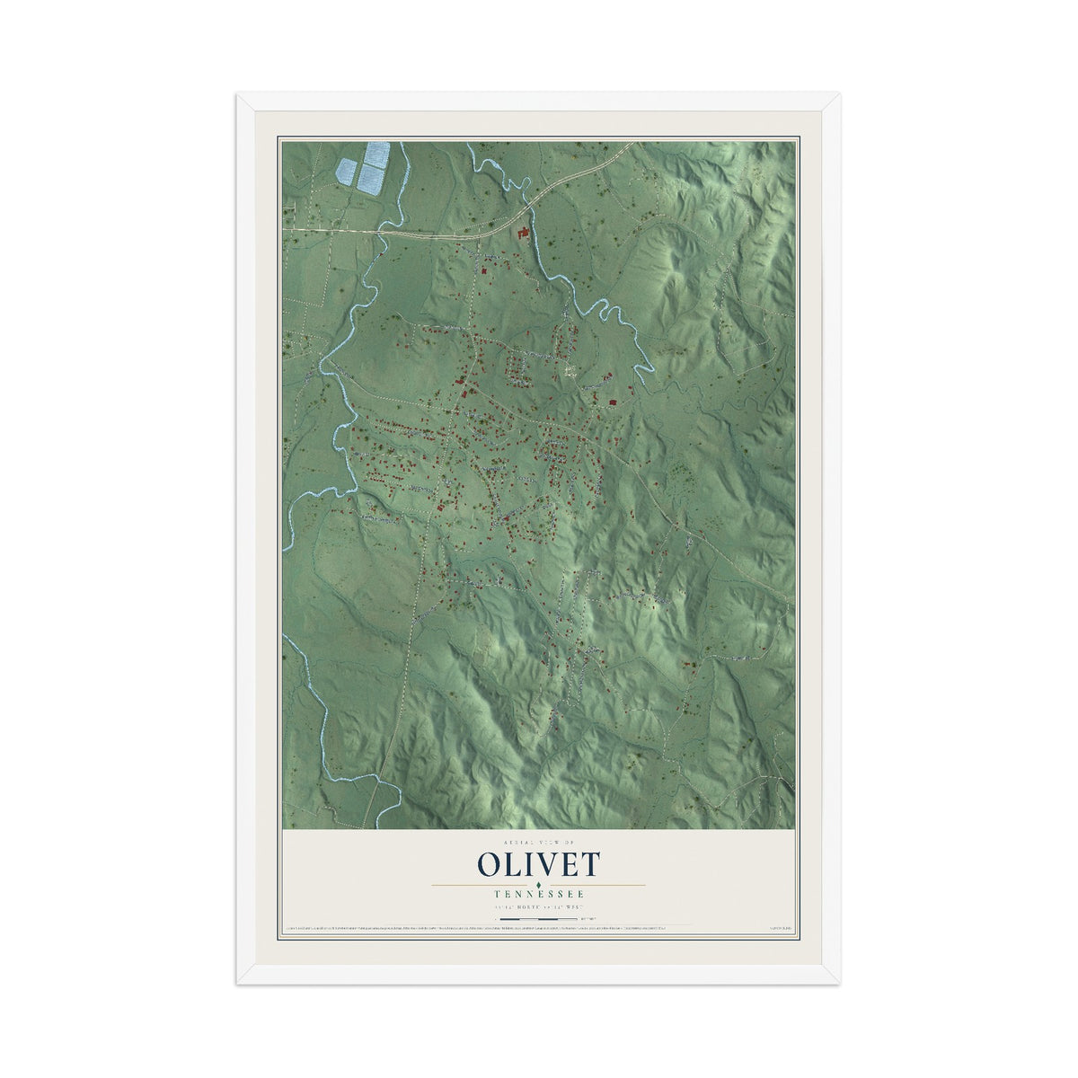 Map of Olivet, Tennessee, 12 x 18 inch print in a white wood frame
