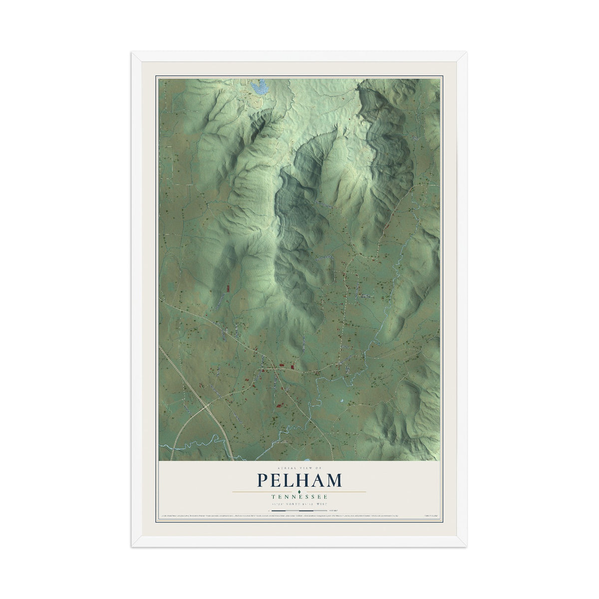 Map of Pelham, Tennessee, 12 x 18 inch print in a white wood frame