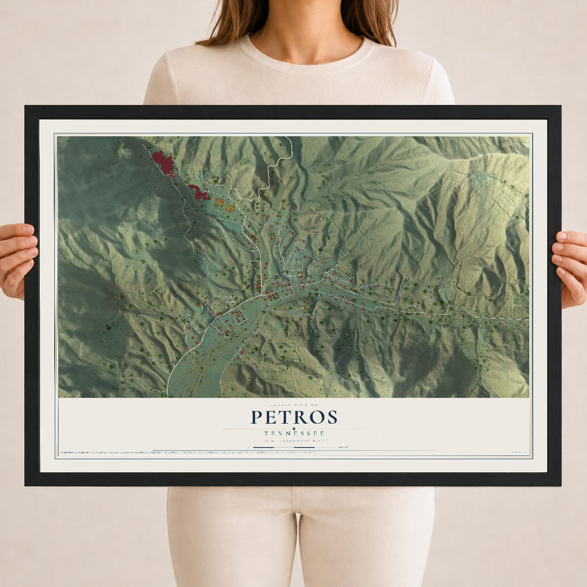 Map of Petros, Tennessee, 18 x 24 inch print in a black wood frame