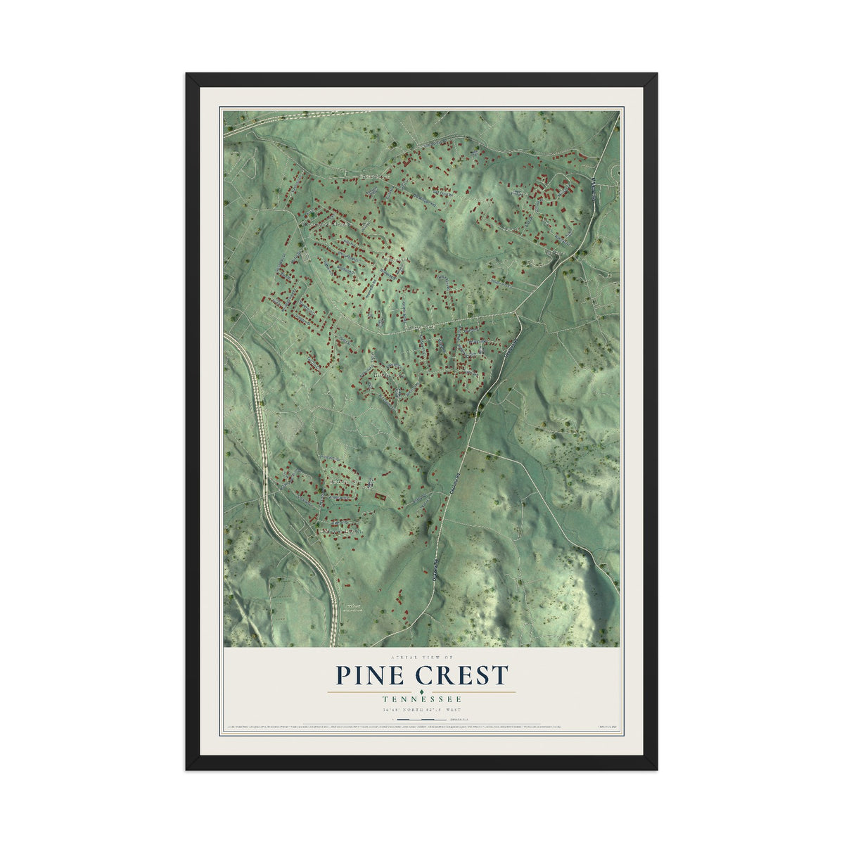 Map of Pine Crest, Tennessee, 12 x 18 inch print in a black wood frame