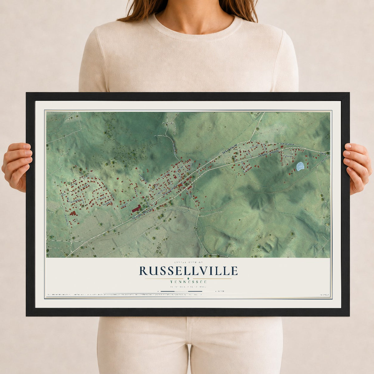 Map of Russellville, Tennessee, 12 x 18 inch print in a black wood frame