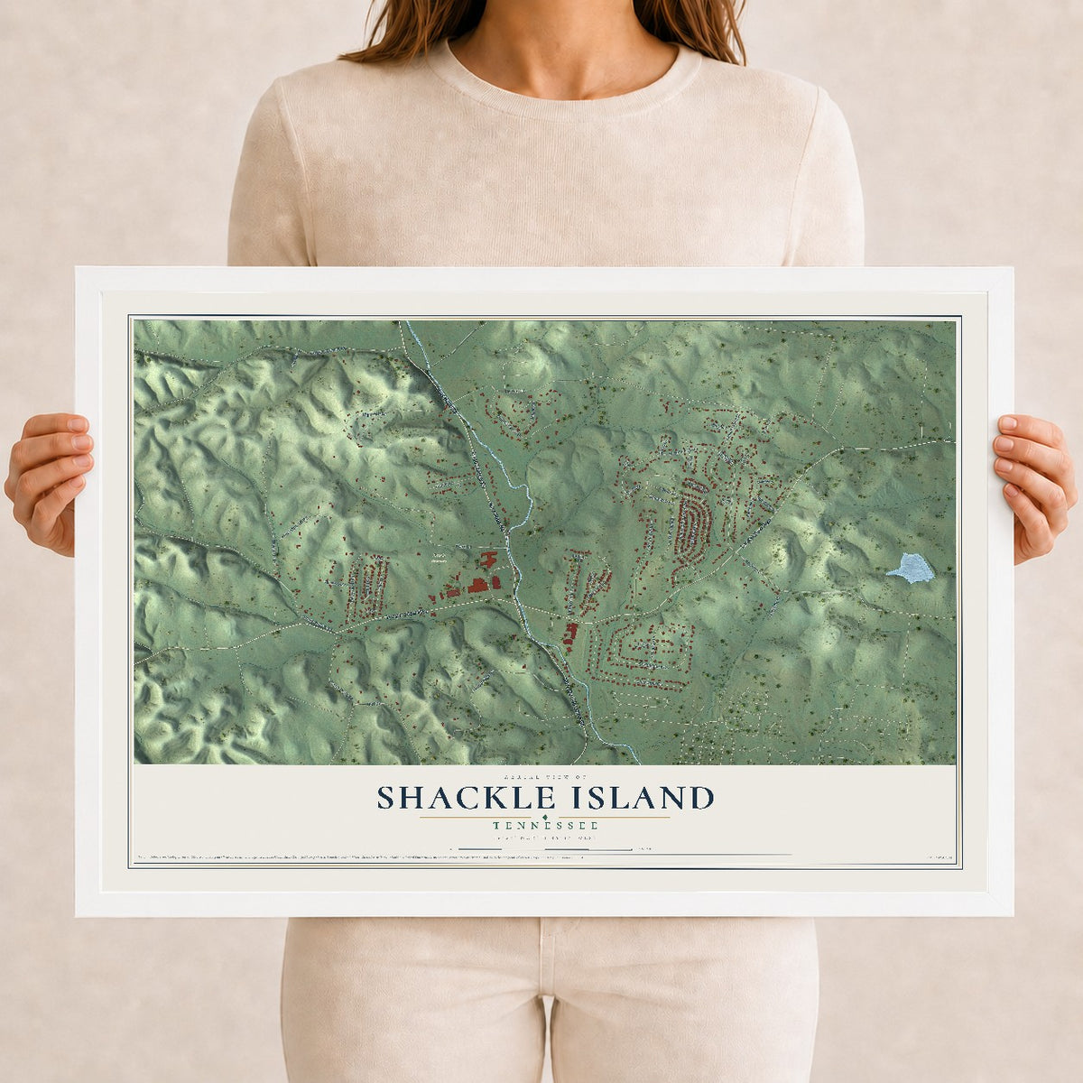 Map of Shackle Island, Tennessee, 12 x 18 inch print in a white wood frame