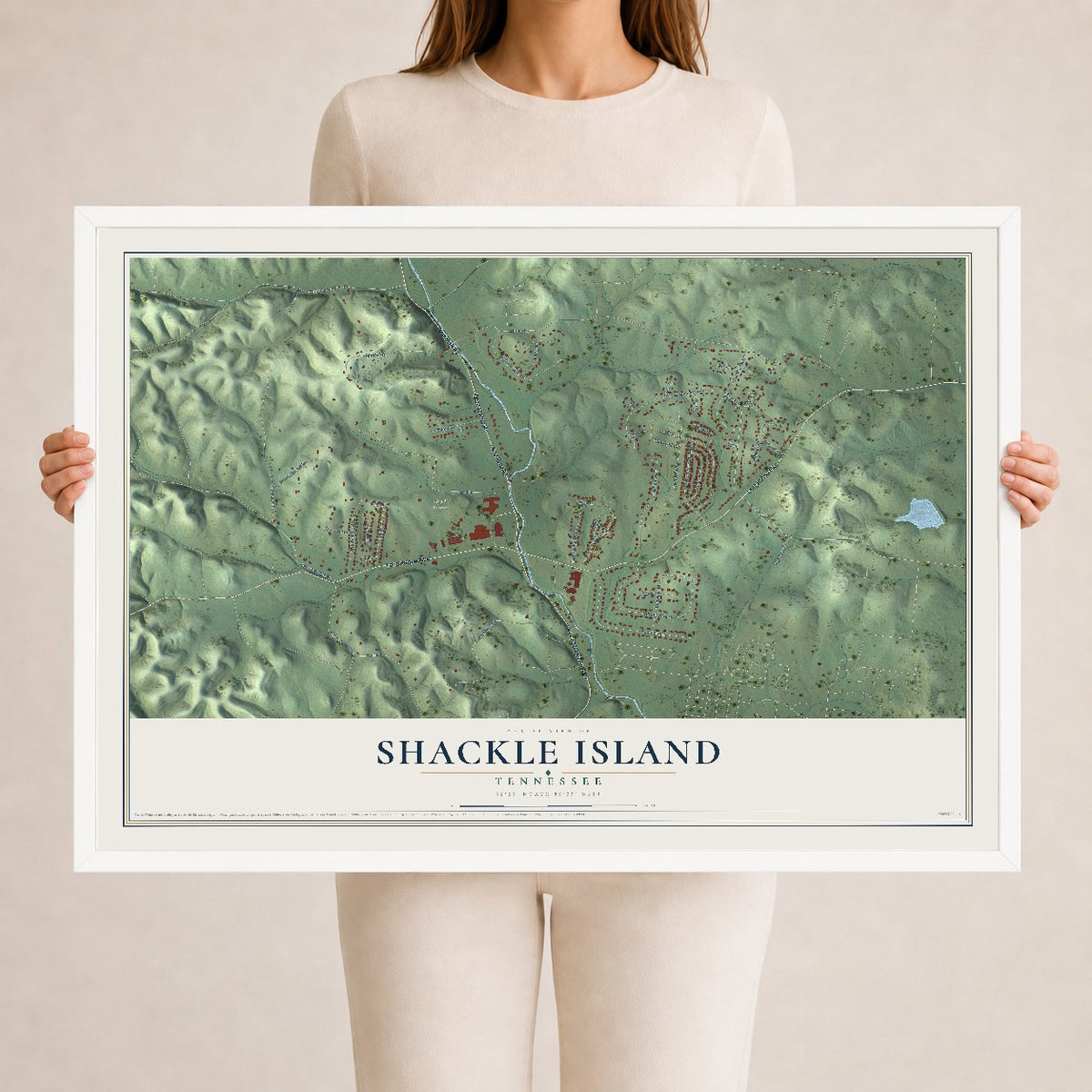 Map of Shackle Island, Tennessee, 24 x 36 inch print in a white wood frame