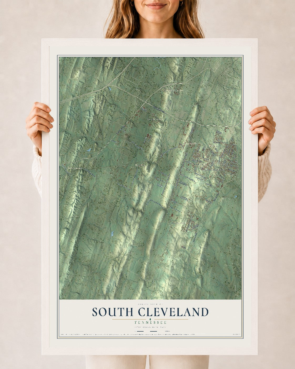 Map of South Cleveland, Tennessee, 24 x 36 inch print in a white wood frame