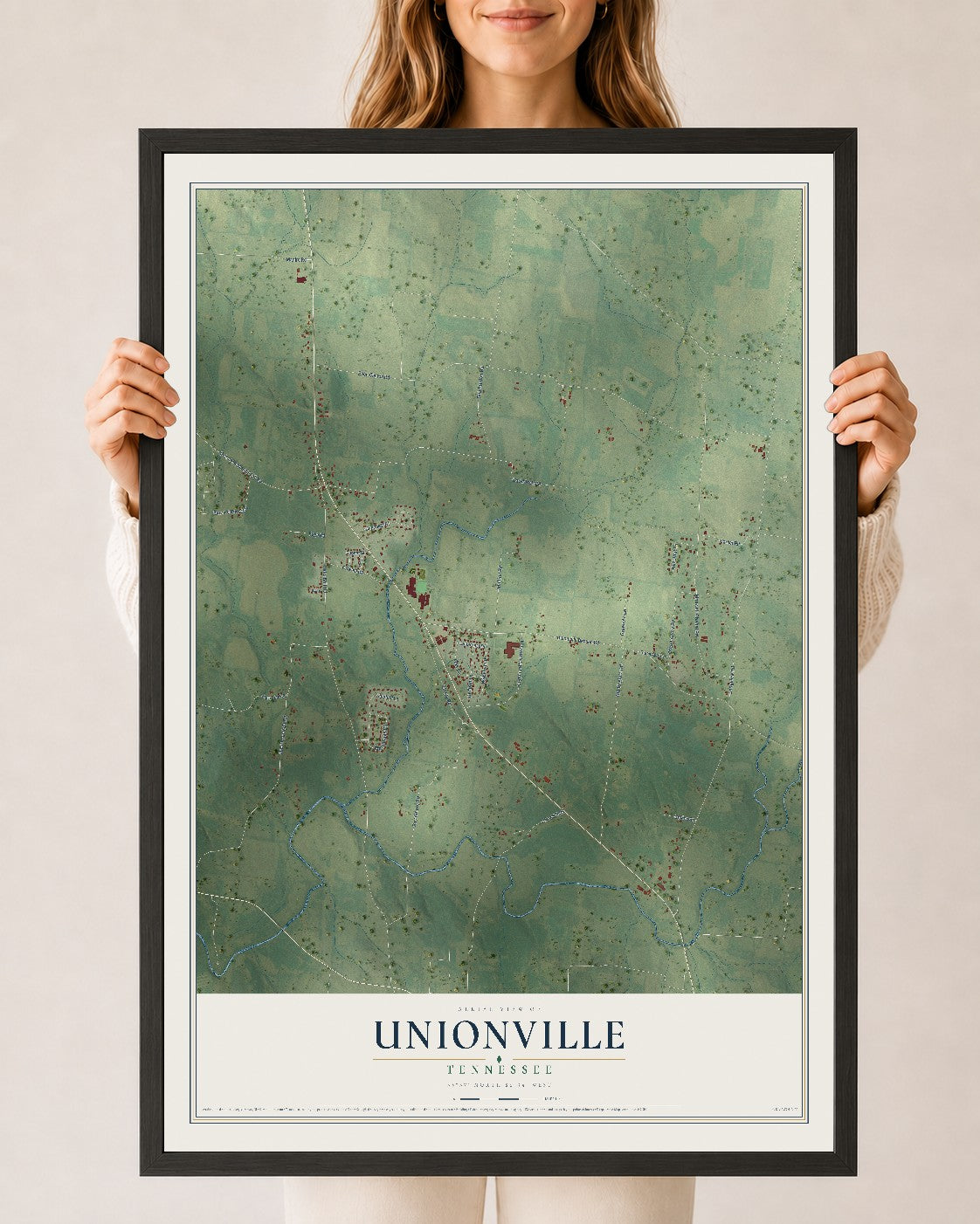Map of Unionville, Tennessee, 24 x 36 inch print in a black wood frame