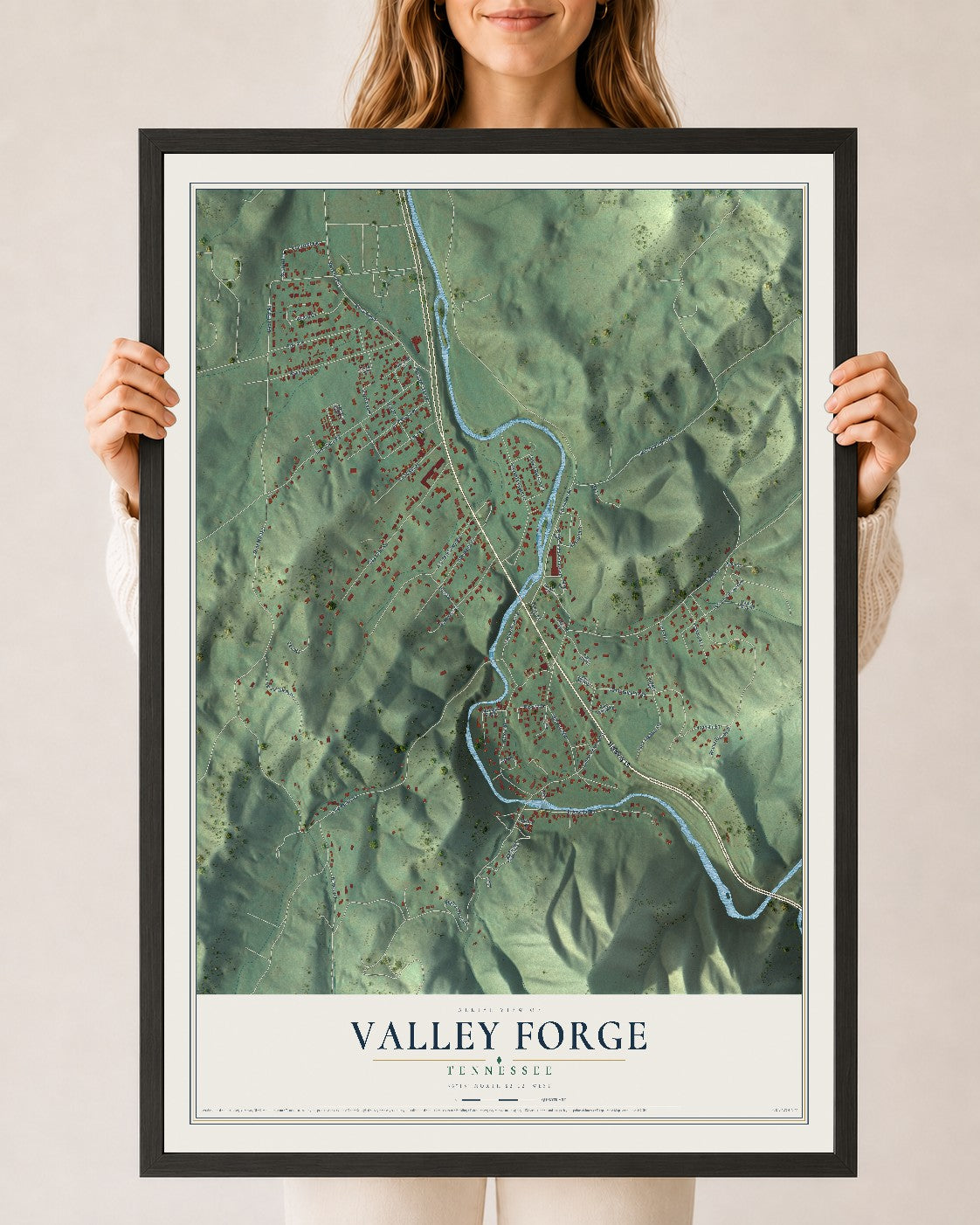 Map of Valley Forge, Tennessee, 24 x 36 inch print in a black wood frame