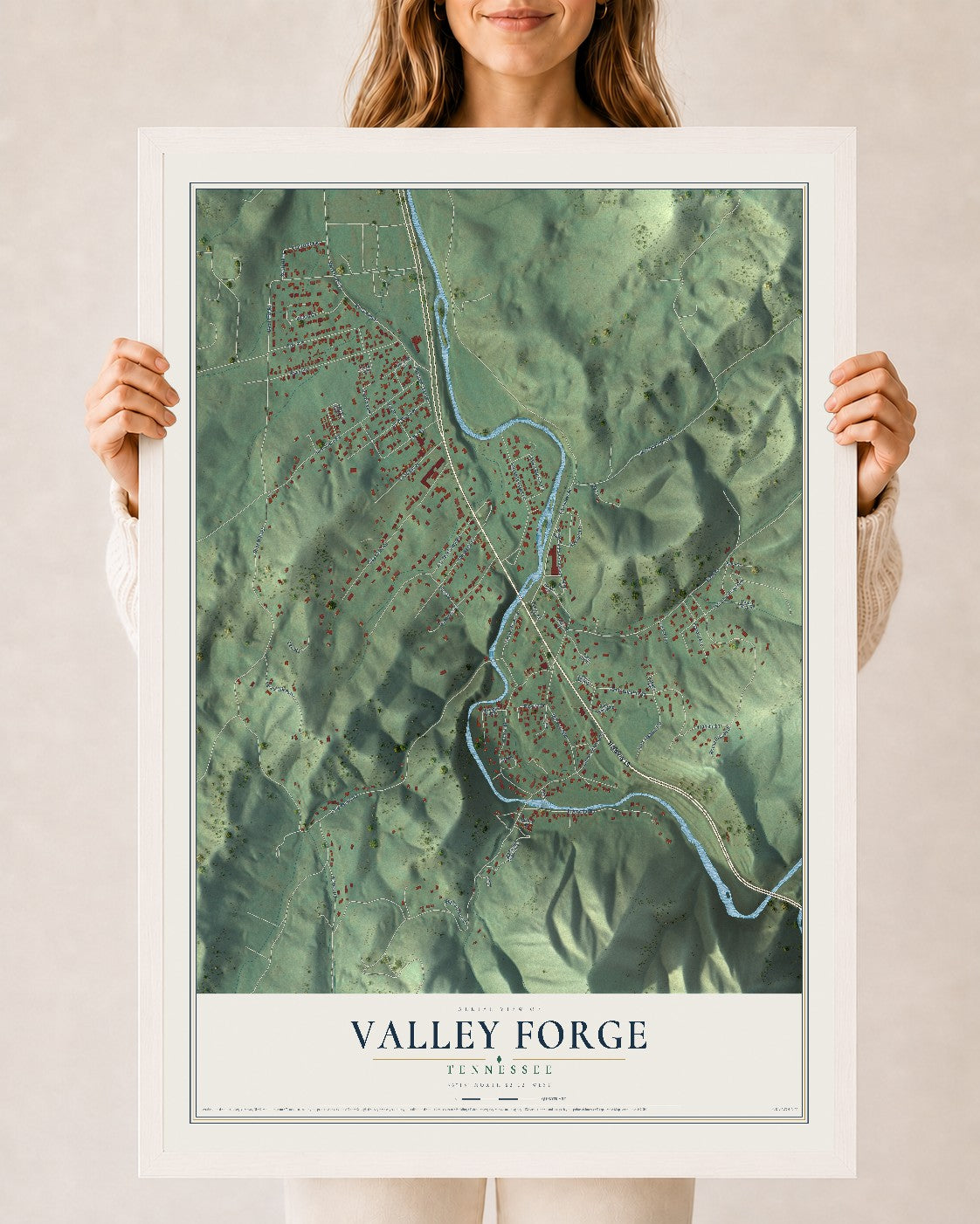 Map of Valley Forge, Tennessee, 24 x 36 inch print in a white wood frame