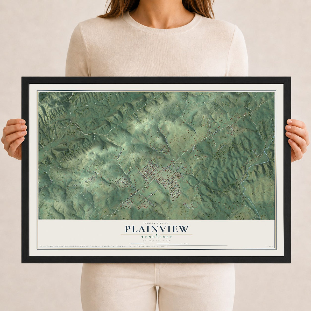 Map of Plainview, Tennessee, 12 x 18 inch print in a black wood frame