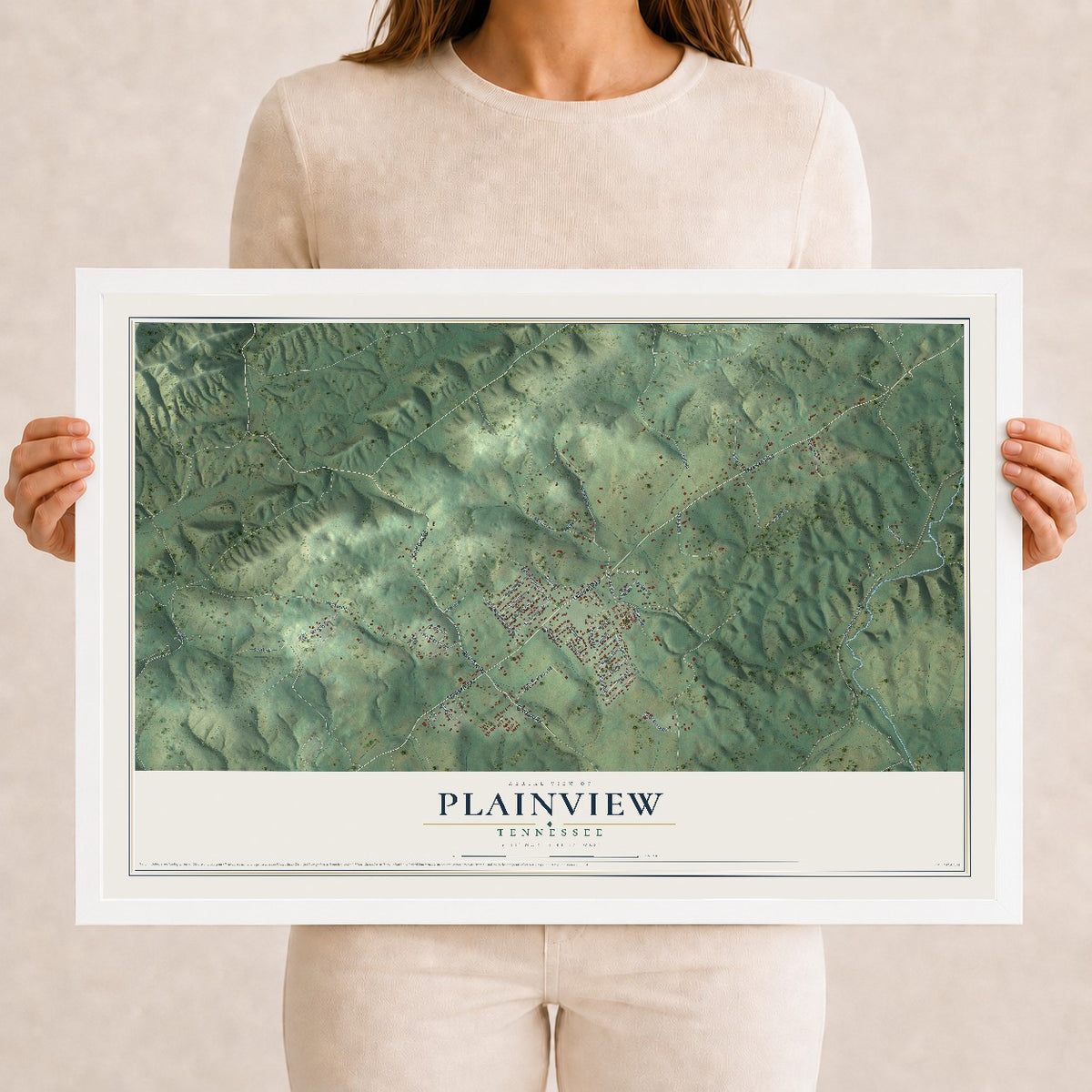 Map of Plainview, Tennessee, 12 x 18 inch print in a white wood frame