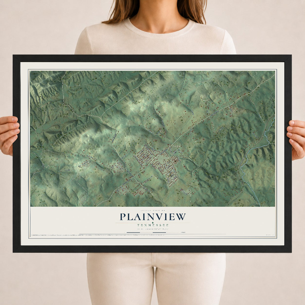 Map of Plainview, Tennessee, 18 x 24 inch print in a black wood frame
