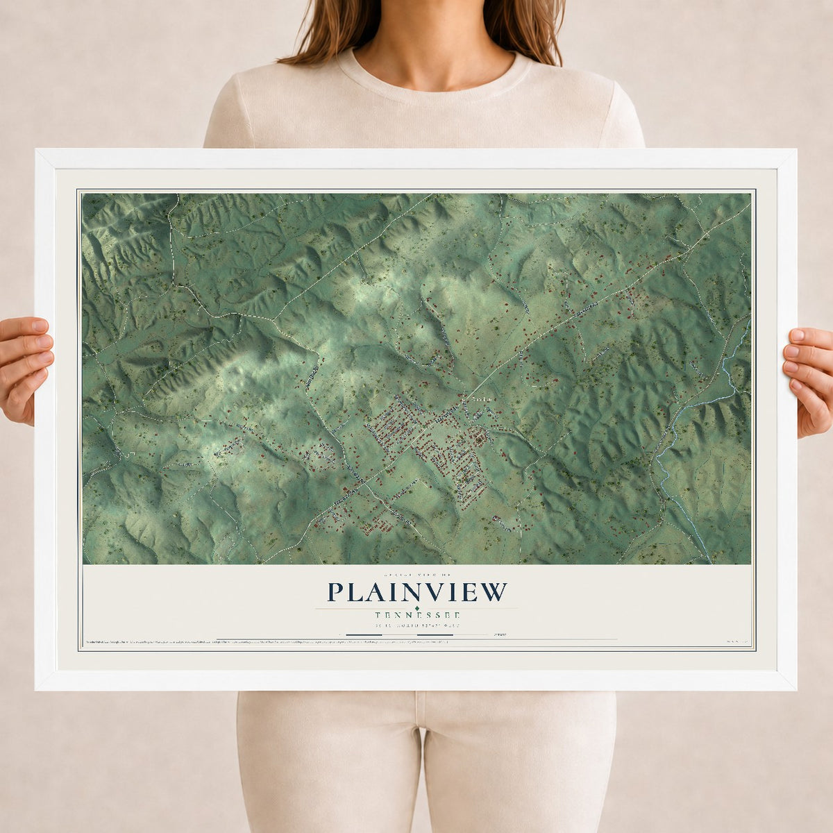 Map of Plainview, Tennessee, 18 x 24 inch print in a white wood frame