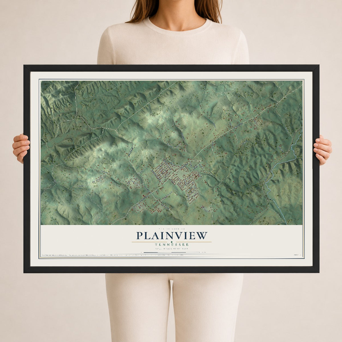 Map of Plainview, Tennessee, 24 x 36 inch print in a black wood frame