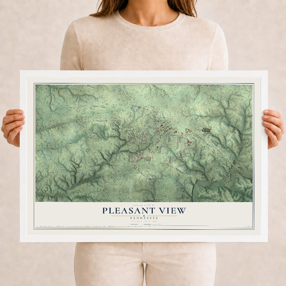 Map of Pleasant View, Tennessee, 12 x 18 inch print in a white wood frame