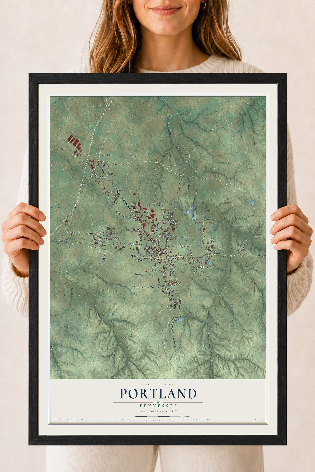 Map of Portland, Tennessee, 18 x 24 inch print in a black wood frame