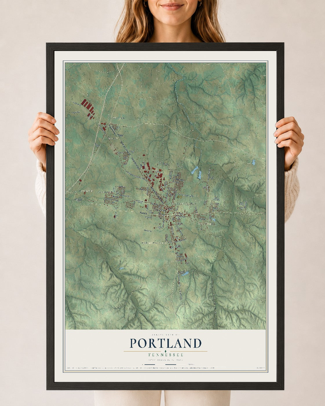 Map of Portland, Tennessee, 24 x 36 inch print in a black wood frame