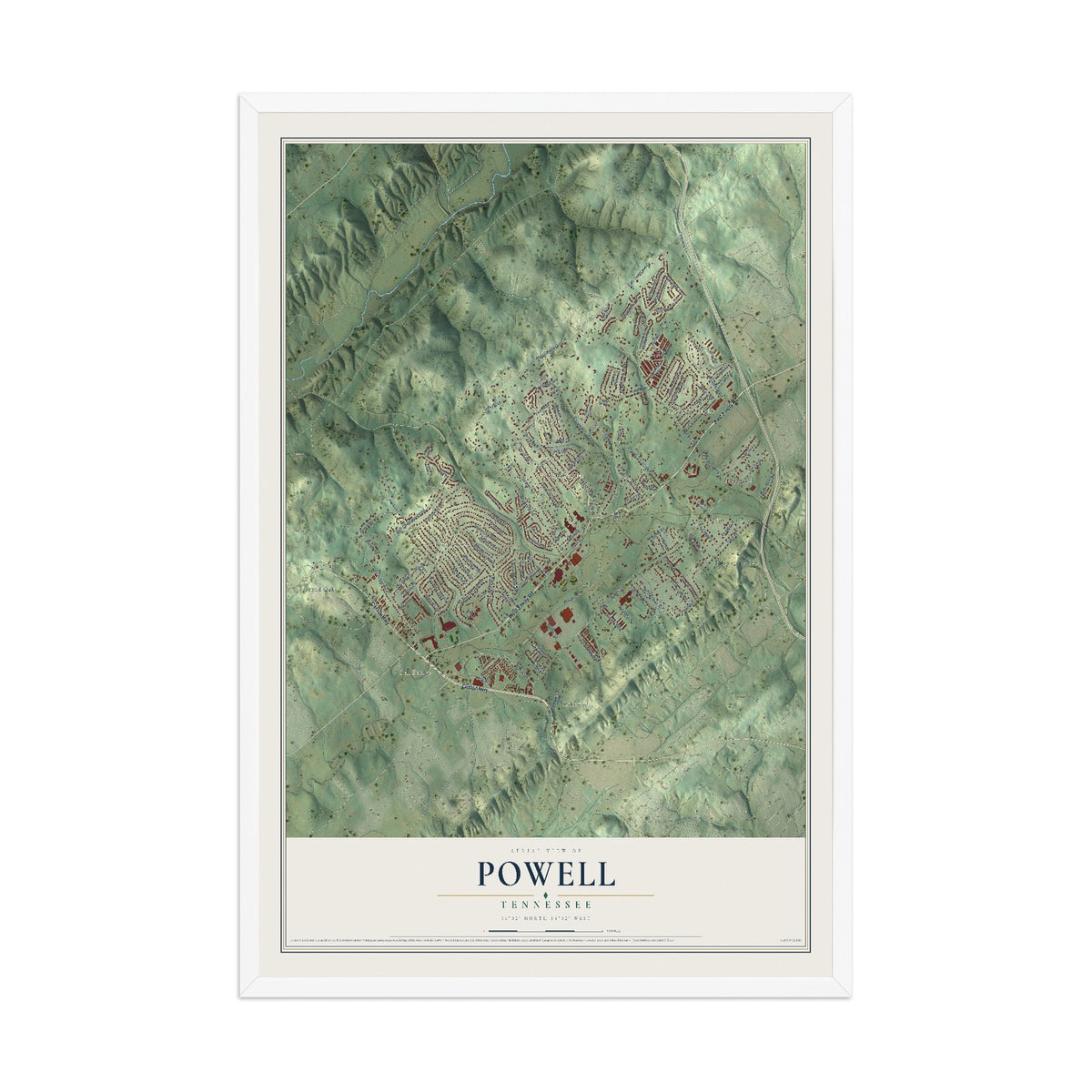 Map of Powell, Tennessee, 12 x 18 inch print in a white wood frame