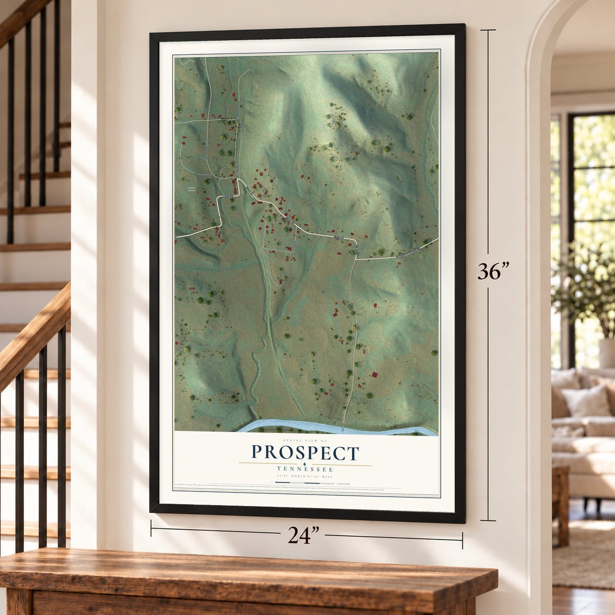 Prospect, Tennessee map, 24 x 36 inch print in a black frame by a staircase