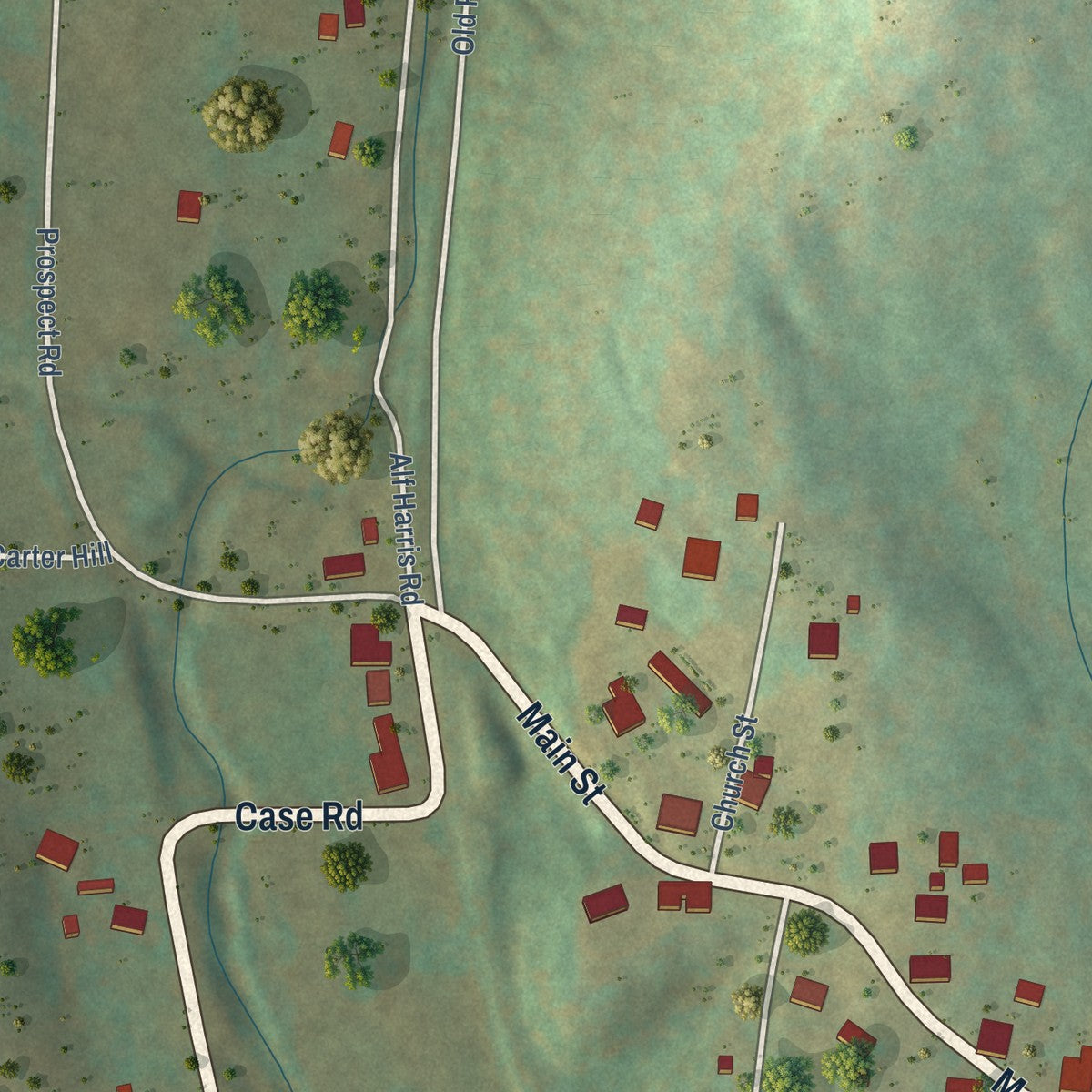 Close-up of the map of Prospect, Tennessee print showing street and building detail