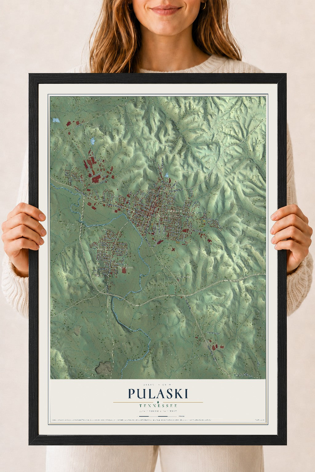 Map of Pulaski, Tennessee, 18 x 24 inch print in a black wood frame