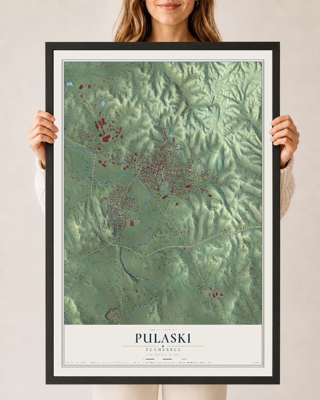Map of Pulaski, Tennessee, 24 x 36 inch print in a black wood frame