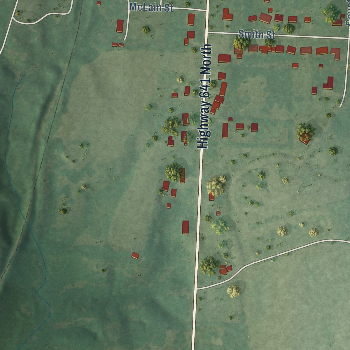 Second close-up of the map of Puryear, Tennessee print showing more streets and buildings