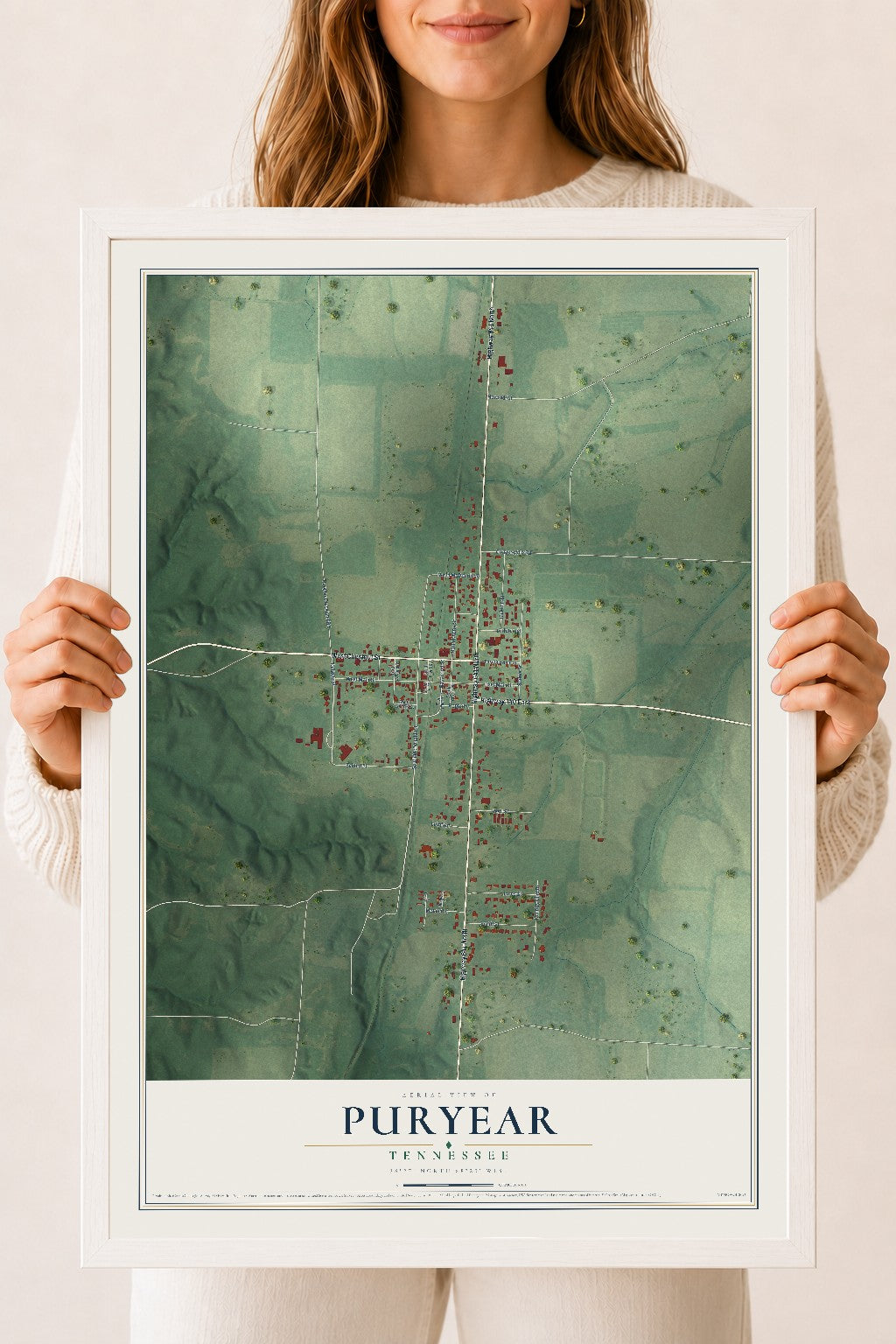 Map of Puryear, Tennessee, 18 x 24 inch print in a white wood frame
