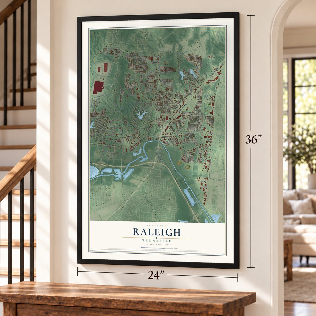 Raleigh, Tennessee map, 24 x 36 inch print in a black frame by a staircase