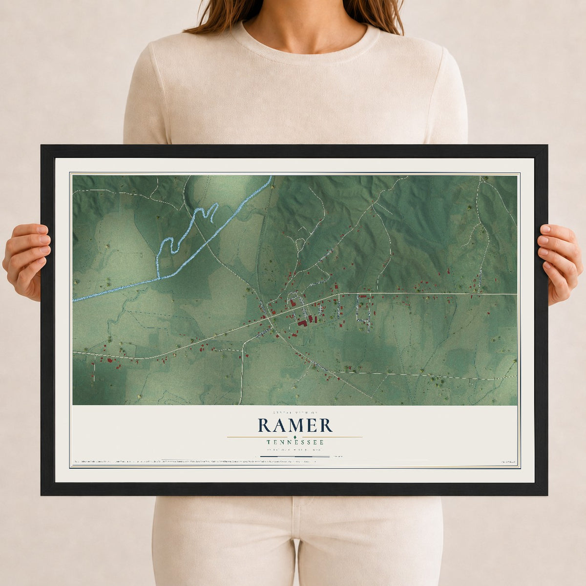 Map of Ramer, Tennessee, 12 x 18 inch print in a black wood frame