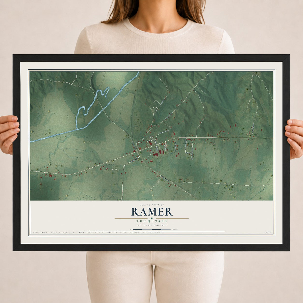 Map of Ramer, Tennessee, 18 x 24 inch print in a black wood frame